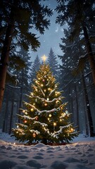A Christmas tree with lights and ornaments is in a snowy forest