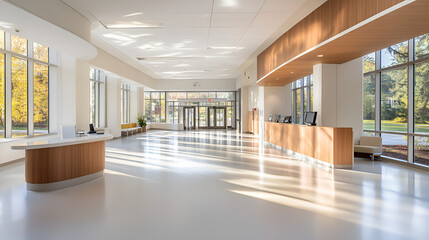 Modern and bright reception area in a healthcare facility with large windows and natural light