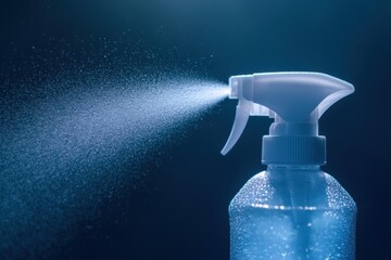 White plastic spray bottle with cool blue accent lighting, captured using telephoto lens on water mist effect, with copy space