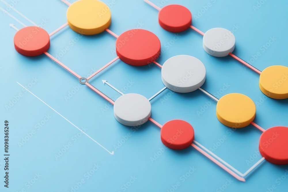 Poster abstract layout of colorful circles connected by lines on a blue background, representing a data flo
