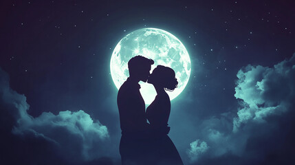 Fototapeta premium Silhouetted couple kissing with full moon.