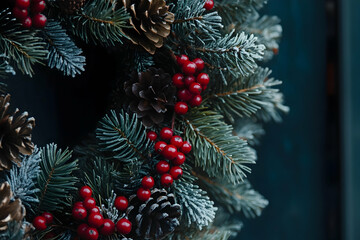 An evergreen wreath adorned with pine cones and red berries brings festive cheer