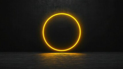 Obraz premium Neon Portal: Yellow Geometric Circle Shrouded in Glowing Frame - Futuristic Teleporter with Bright Lights Illuminating Night Scene and Runway Light Effect