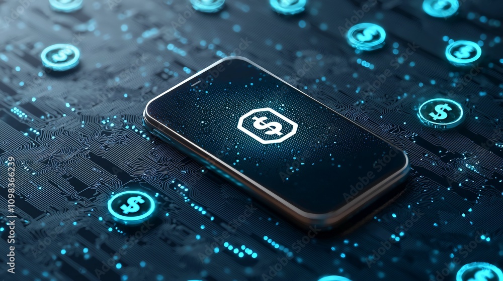 Poster a smartphone displaying a money-related app logo on a digital background filled with glowing currenc