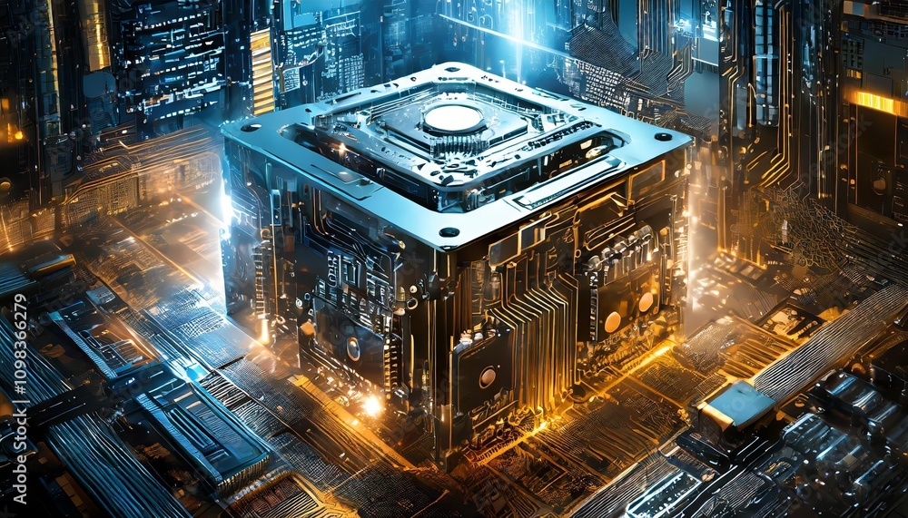 Poster immersive ultra-high detail chrome supercomputer texture design featuring complex technology pattern