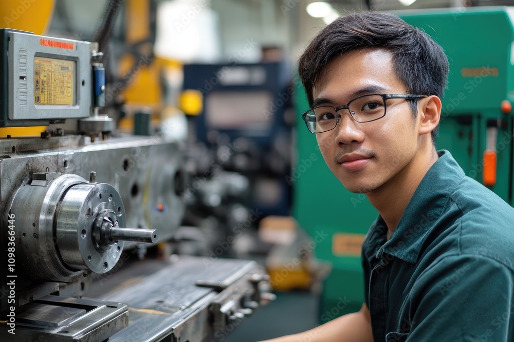 Aufkleber young asian engineer working on a machine in a factory