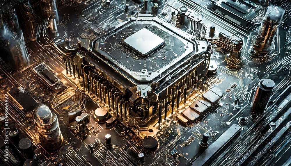 Poster cutting-edge technology texture showcasing an ultra-detailed supercomputer design with chrome-inspir