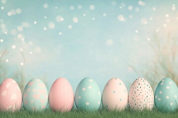 Fototapeta premium Colorful pastel eggs arranged on grass with a blue sky and soft clouds