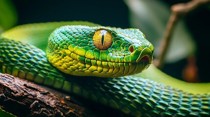 Fototapeta premium Green Tree Viper Snake Closeup Reptile Wildlife Photography