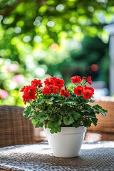 Red geranium flower in a white pot on a summer outdoor table in a sunny gazebo with wicker chairs against.