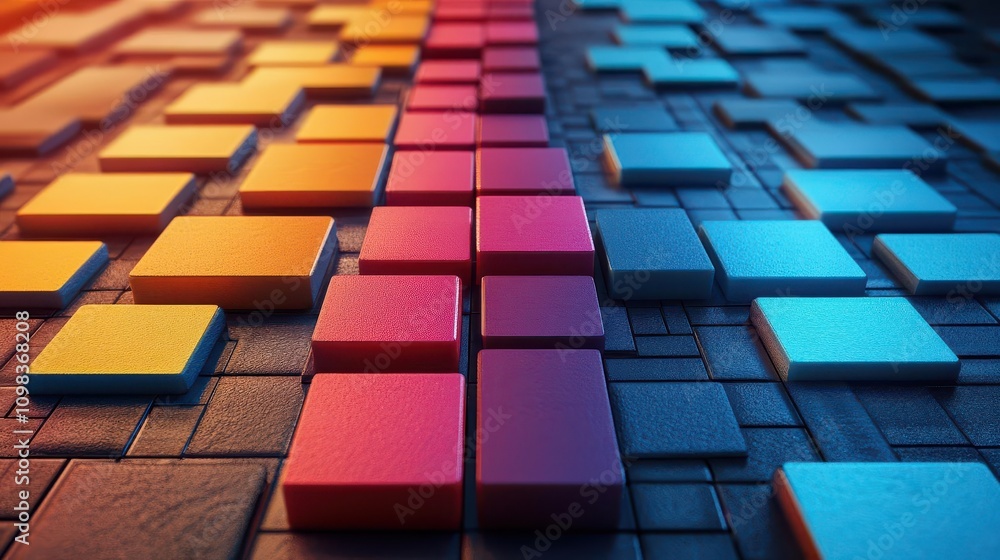 Poster A vibrant, abstract arrangement of colorful blocks with a dynamic gradient background, creating a visually striking pattern.