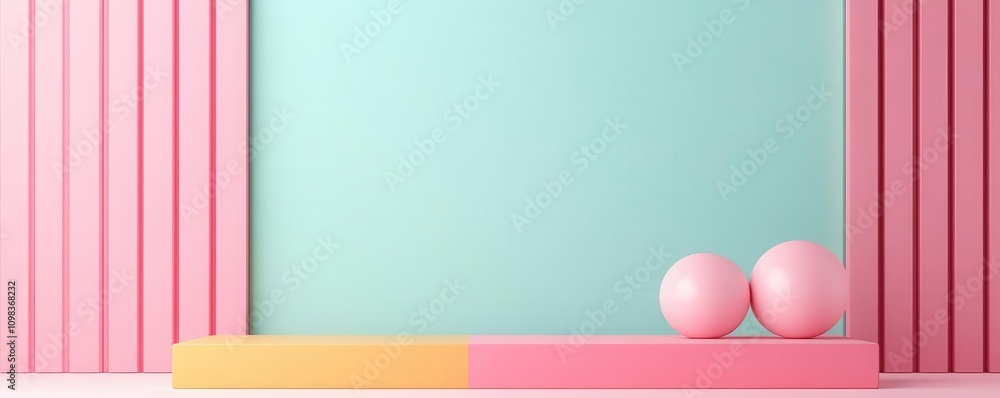 Poster a minimalist scene featuring pastel-colored walls and a shelf with spheres, creating a calming and m