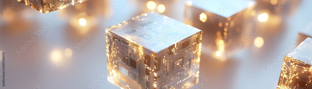 Poster illuminated cubic circuitry represents digital data cubes