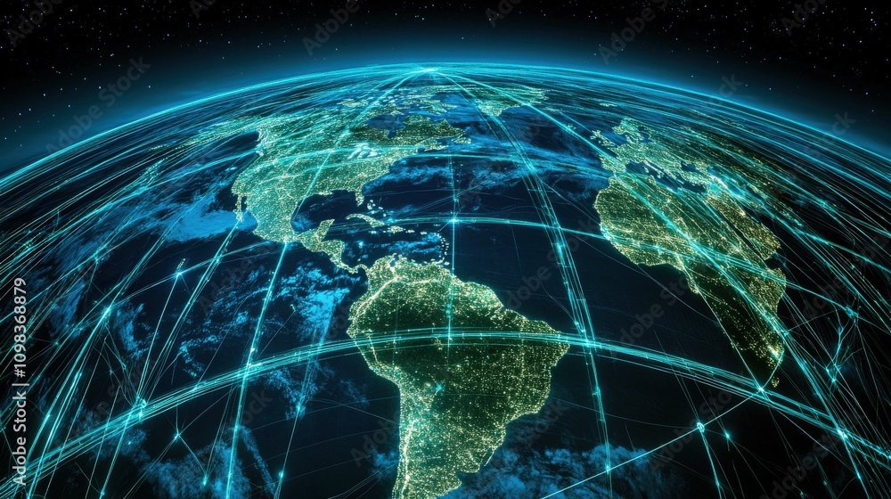 Poster earth illuminated by a network of interconnected lines