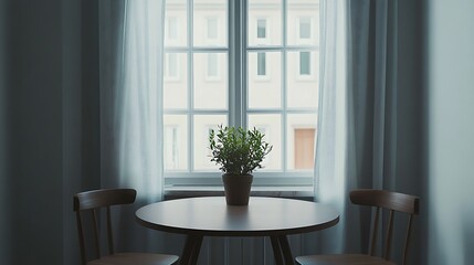 Fototapeta premium Small table with plant near window in minimalist room.