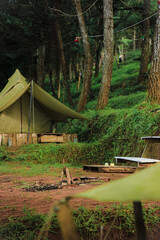 A cozy camping scene. Illuminated tents and cabins nestled amidst lush greenery create a magical atmosphere.