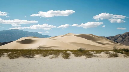 A serene desert landscape with sand dunes and a clear blue sky.