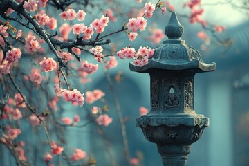 Naklejka premium Cherry blossom branches overhanging traditional stone lantern in chinese garden