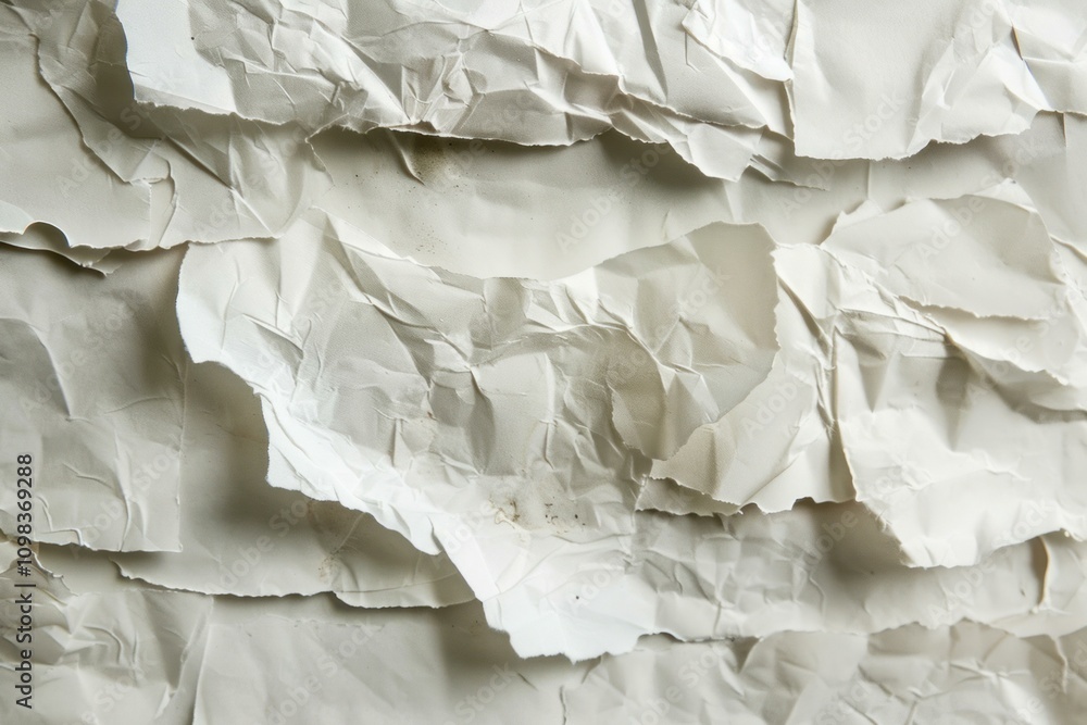 Poster crumpled and torn white paper creating textured layers