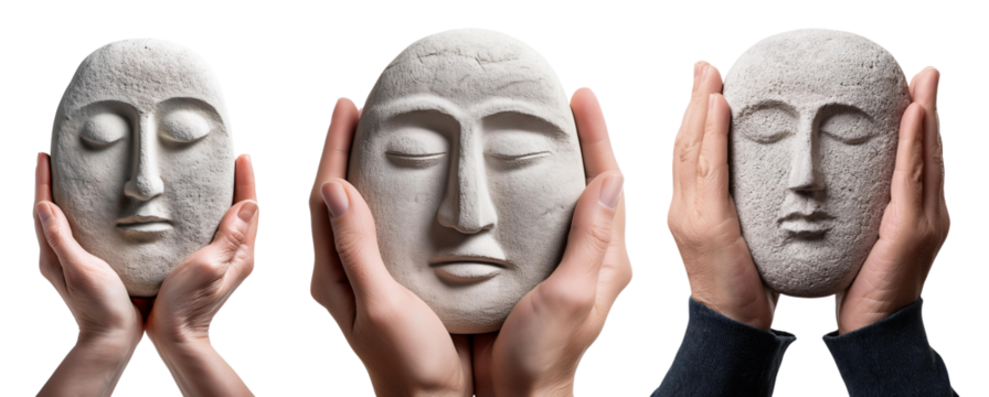 Three hands holding stone faces, symbolizing introspection and cultural identity, white isolated background.