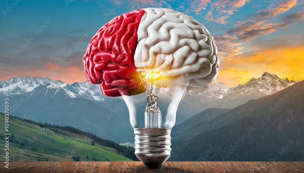 Poster creative visualization of a human brain merging with a lightbulb to represent innovative ideas and b