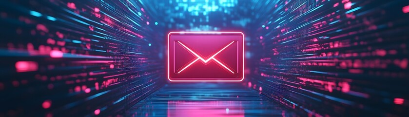 Fototapeta premium Neon Email Symbol in Digital Data Stream