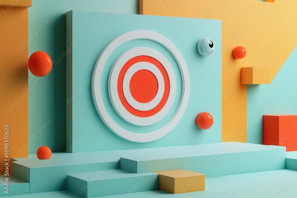 Poster a vibrant, abstract geometric scene featuring a target design with colorful shapes and a playful lay