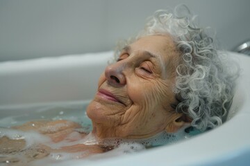 Elderly woman relaxing in bathtub, enjoying a peaceful moment
