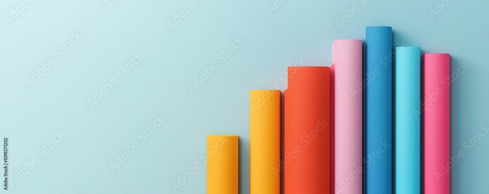 Poster a vibrant display of rolled paper in various colors arranged in ascending order against a soft blue 