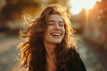 Fototapeta premium Happy young woman smiling with hair blowing in the wind at sunset
