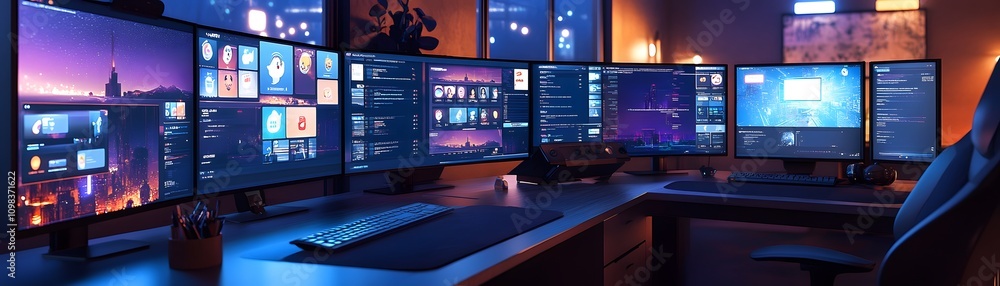 Poster advanced multi monitor gaming setup in a modern room