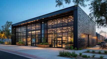 Obraz premium Modern Black Building with Glass Walls and Metal Latticework
