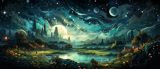 Obraz premium Ethereal Night Landscape with Stars, Planets and Calm Water