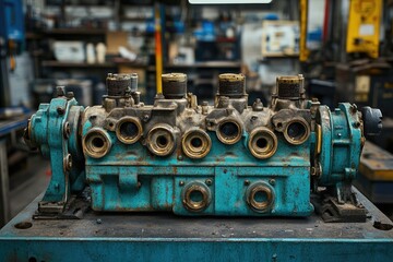 Old rusty engine block sitting on metal table in workshop