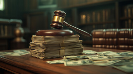 Justice prevails as a gavel rests on a wealthy lawyer's desk surrounded by cash in a luxurious office setting.