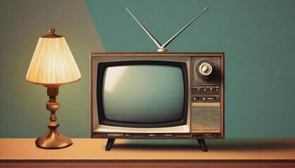 Illustration of a classic vintage analog television paired with a retro-style lamp, placed against...