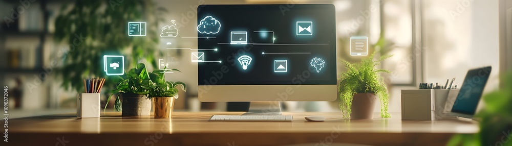 Poster modern desktop showing network connectivity and cloud computing