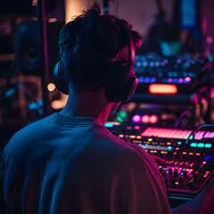Fototapeta premium Immersed in the rhythm: A digital music producer, bathed in neon hues, meticulously crafts soundscapes on a vibrant mixing console, lost in the creative flow of his studio.