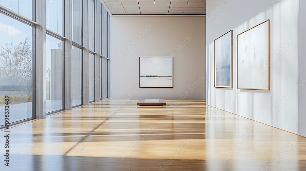 Poster bright and minimal art gallery space with large windows and ambient freshness
