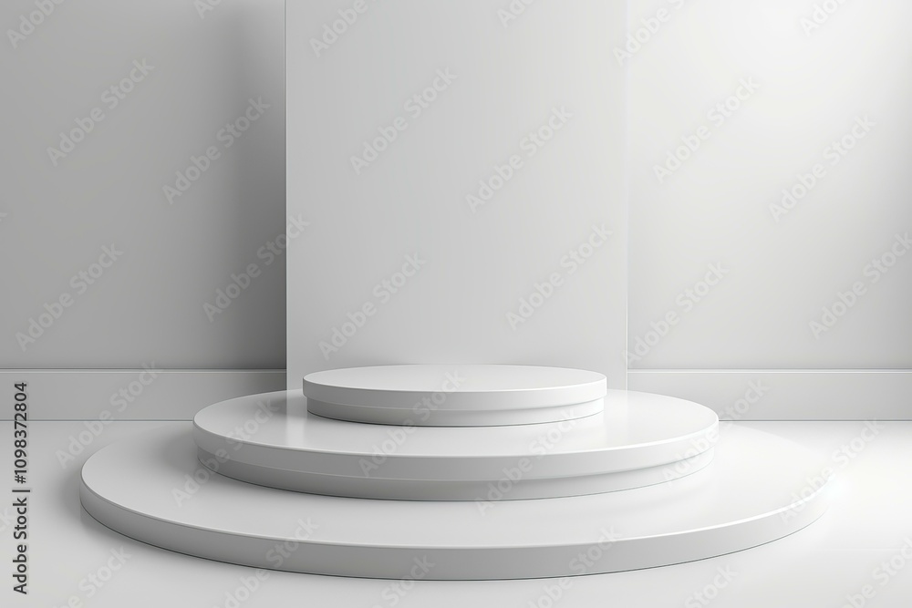 Poster white round pedestal displaying products on empty room background