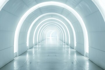 Fototapeta premium Bright white futuristic tunnel with neon lights illuminating the corridor