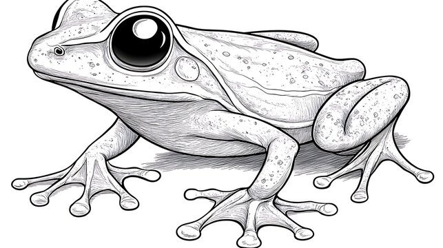 Detailed pencil sketch of a frog, showcasing its textured skin, large eyes, and webbed feet.