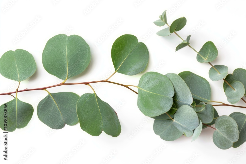 Poster eucalyptus leaves arranged on white background creating beautiful pattern