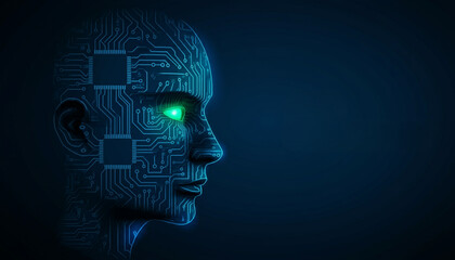 Obraz premium Futuristic digital profile of a human head with glowing green eye and circuit patterns, symbolizing AI, robotics, and advanced technology integration.