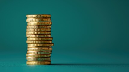 A stack of shiny gold coins arranged neatly against a teal background, symbolizing wealth, savings, and financial growth.