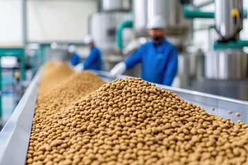 Conveyor belt carrying animal feed pellets in a factory, highlighting food production, agriculture, and industrial processing.