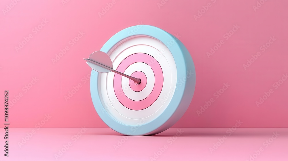 Poster a colorful dartboard with a dart striking the center, set against a pink background, symbolizing pre