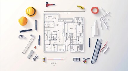 Architectural Blueprint Illustration Surrounded by Construction Tools