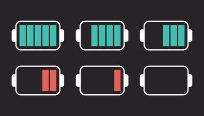 Battery charge low and full energy isolated set. Vector flat graphic design element illustration