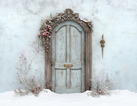 Rustic Blue Wooden Door with Snowy Winter Surroundings and Vintage Lanterns
